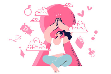 Woman meditates achieving balance between work and family or education, sits near giant keyhole