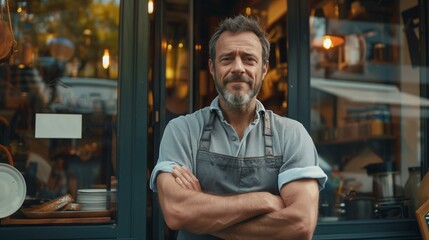 Successful small business owner in casual clothing, man standing in front of shop, portrait entrepreneur smiling beard - Powered by Adobe