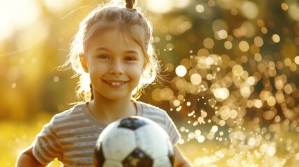 Naklejka premium Girl with soccer ball on green field, little girl playing with soccer ball on sunny, small lifestyle joy playful leisure activity
