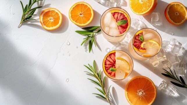 Refreshing summer citrus drinks with orange, lemon and blood orange slices and ice cubes on white background.