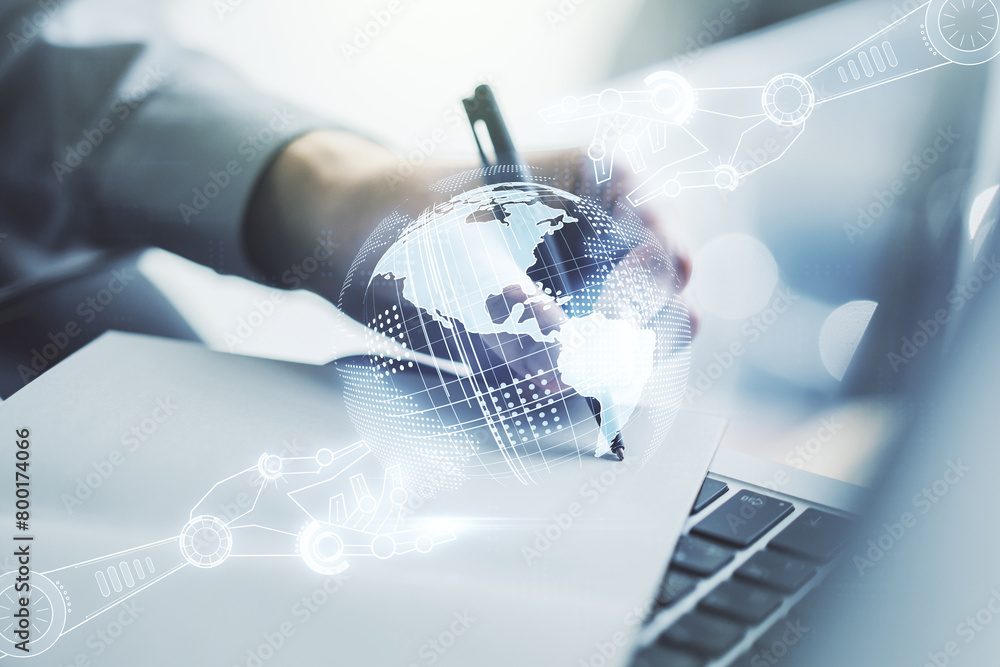 Aufkleber double exposure of robotics technology with world map hologram and hand writing in notebook on backg