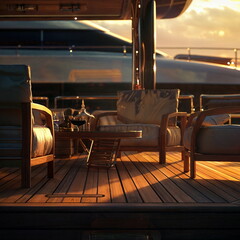 Yacht's deck during golden hour. Silhouettes of furniture fading sunlight. Cruise advertisement, Yacht tour promotion, Tourism banner