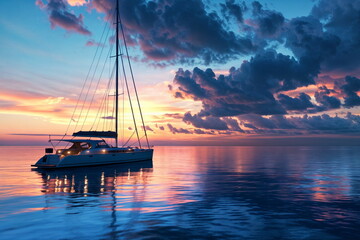yacht anchored at dusk. Soft glow from cabin windows serene ocean. Yachting magazine cover, Travel brochure, Blog post