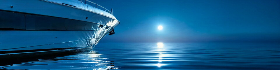 Yacht's bow under moonlight. Reflective deck gentle waves. Magazine cover, Yacht tour promotion,...