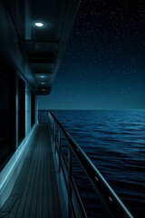 Yacht's deck at night. Dimly lit stars above quiet sea. Yachting magazine cover, Resort catalog, Presentation slide