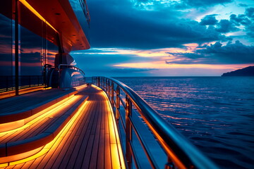 Yacht's deck during blue hour. Ethereal glow quiet sea. Cruise advertisement, Travel brochure,...
