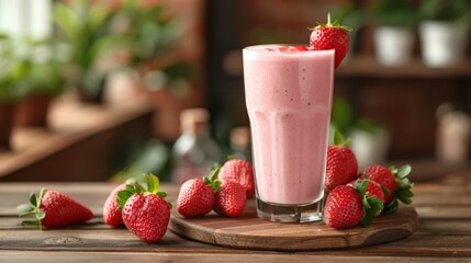 Fresh and delicious strawberry milkshake on a wooden table.