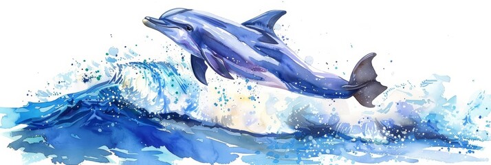 A watercolor painting of a dolphin jumping out of the water