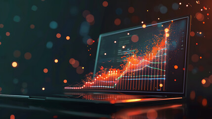 A 3D graph growing upwards from a laptop, indicating successful strategy implementation, business strategy, dynamic and dramatic compositions, with copy space