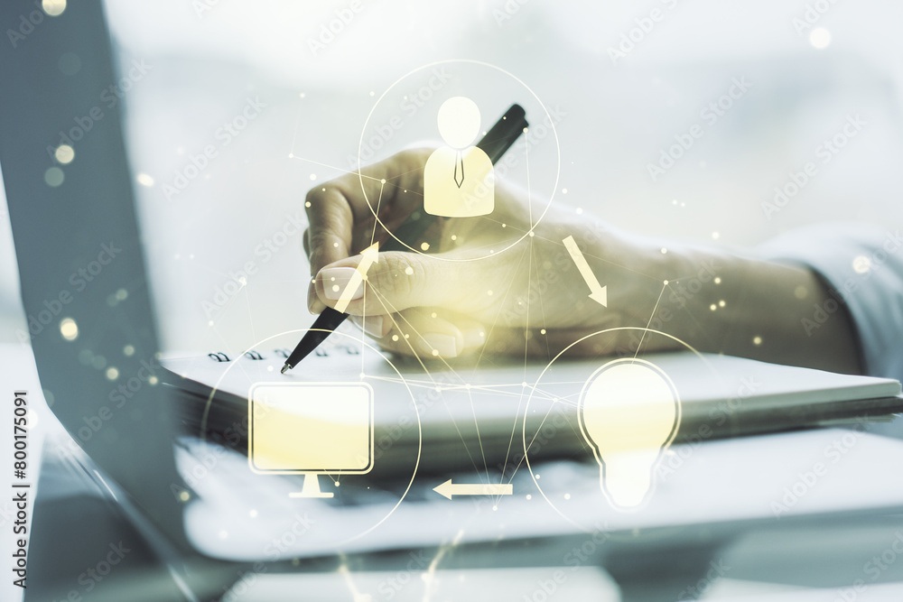 Poster double exposure of social network icons concept with hand writing in notebook on background with lap