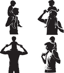Father holding his child on his shoulders silhouette set. Happy father day Symbol. Vector illustration of daddy and child. Father with his son on white background.