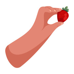 Strawberry in hand. Ripe juicy berry illustration. Bright cartoon vector flat clipart