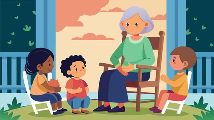 Obraz premium An elderly woman sits in a rocking chair on a porch surrounded by her grandchildren as she tells them about the struggles and triumphs of their. Vector illustration