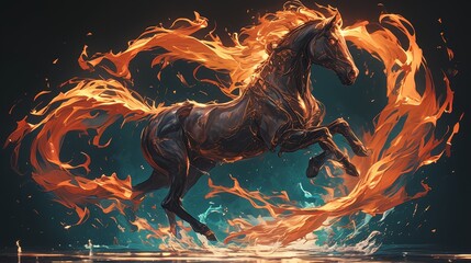Horse, red flame horse standing on its hind legs with fire coming out of the back feet, black background