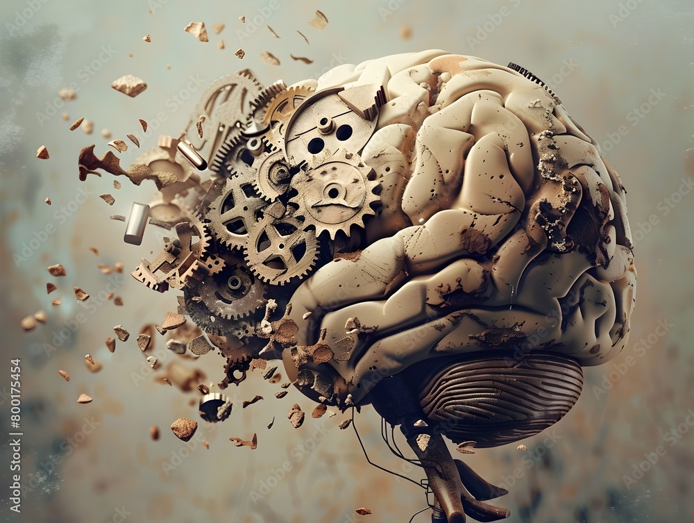 Poster morphing mechanical brain symbolism of cognitive mechanization and technological progression