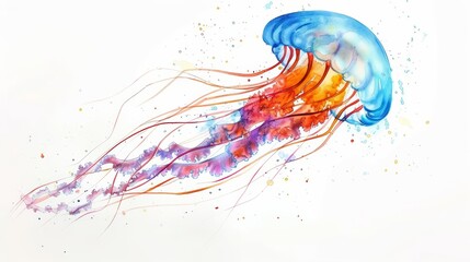 Obraz premium A watercolor painting of a jellyfish with a blue cap and orange and purple tentacles.
