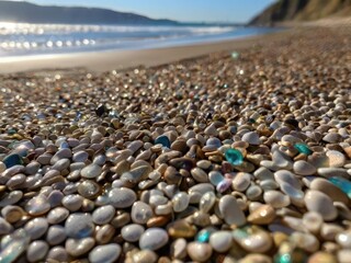Obraz premium Clear turquoise waters over smooth multicolored pebbles with rugged cliffs in the background