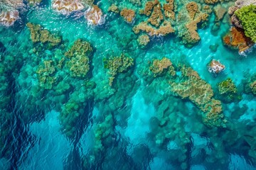 Overhead View of Lush Coral Formations Amidst Crystal Clear Waters, Concept of Underwater Biodiversity and Coral Sanctuaries
