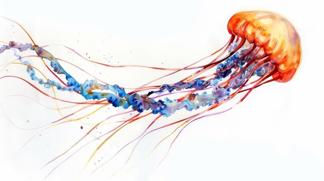 A watercolor painting of a jellyfish with a blue cap and orange and purple tentacles.