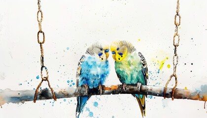 A pair of parakeets chirp on a swing, watercolor painting on a white background - obrazy, fototapety, plakaty