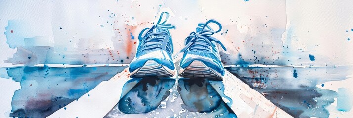 A pair of running shoes stands at the starting line, watercolor painting on a white background
