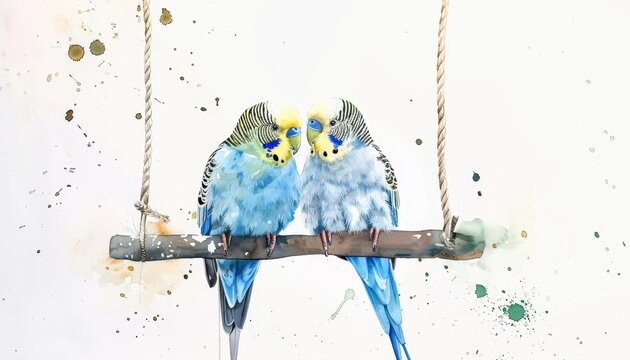 A pair of parakeets chirp on a swing, watercolor painting on a white background