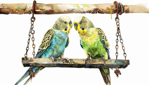 A pair of parakeets chirp on a swing, watercolor painting on a white background