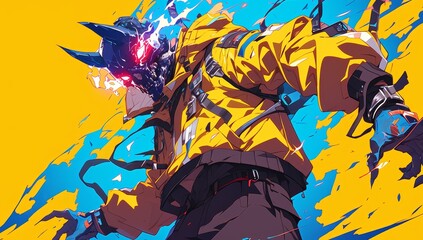 Anime character with a demon mask on his face wearing a yellow jacket and black pants in a dynamic pose with a red eye and glitch effect coming out from it, on a yellow colored background