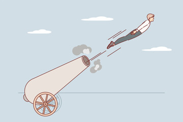 Business man demonstrates willingness to take risks, flies out of retro cannon instead of cannonball