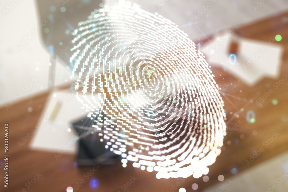 Aufkleber multi exposure of creative fingerprint hologram and modern desktop with laptop on background, person