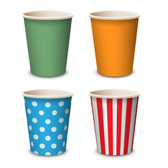 Colored paper cup, mug mockups, cardboard and plastic package