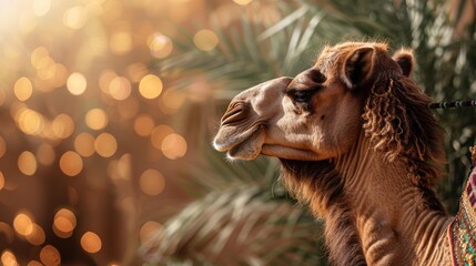 Islamic sacrificial camel on the Eid al-Adha holiday, with an Islamic illustration copy space background.