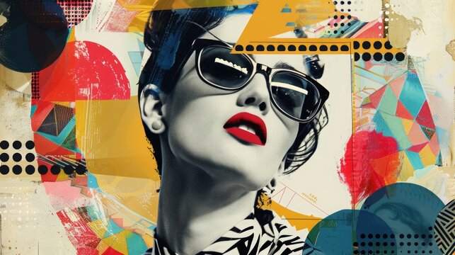 Abstract trendy vintage art collage with woman, geometric shapes, paper cutouts, patches, paint strokes. Retro fashionable style poster, banner