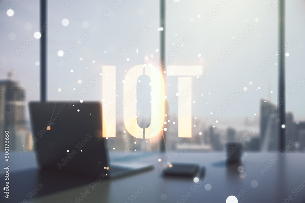 Poster Double exposure of creative IOT hologram and modern desktop with laptop on background, research and development concept