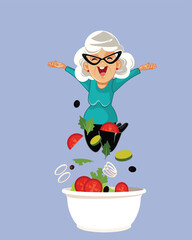Cheerful Senior Woman Eating Healthy Salad Vector Cartoon illustration. Happy grandma enjoying a vegetarian dish in Mediterranean style 
 - obrazy, fototapety, plakaty
