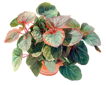Episcia cupreata with metallic green and red leaves, shimmering watercolor, Victorian terrarium, watercolor, isolate.