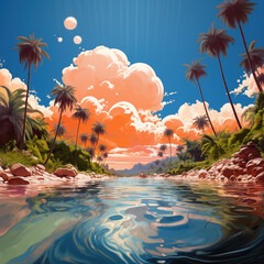 retro illsutration of a tropical river with palm trees, rocks, clouds - obrazy, fototapety, plakaty