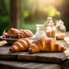Freshly baked croissants on a rustic wooden table, morning light creating a cozy ambiance