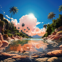 retro illsutration of a tropical river with palm trees, rocks, clouds - obrazy, fototapety, plakaty