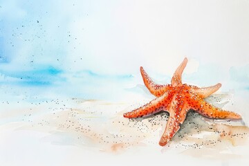 Fototapeta na wymiar A starfish rests on the sandy ocean floor, watercolor painting on a white background
