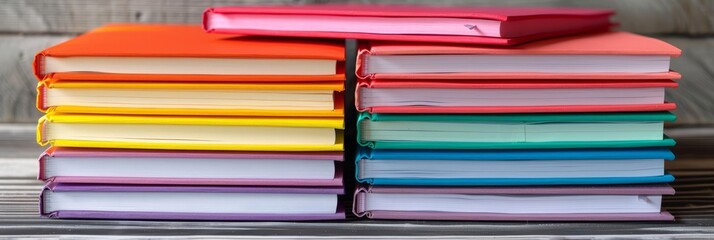 A stack of rainbow colored books on a wooden table.