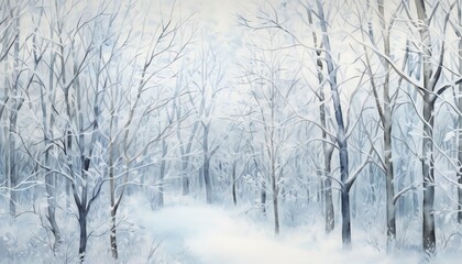 Obraz premium Frostkissed winter woods, bare branches dusted with snow, serene blues and whites, detailed and cold border, isolated on white background, watercolor
