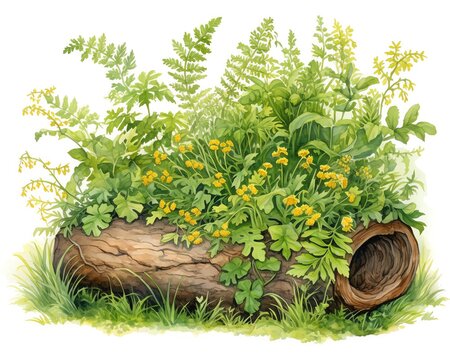 Golden buttercups and green ferns crowning an ancient oak log, vibrant and lush, detailed with a touch of whimsy, isolated on white background, watercolor