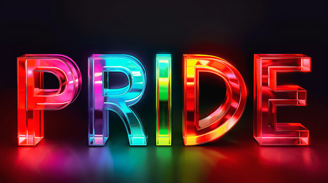 Glass Glow Rainbow Pride Sign. Cyber 3D Text Effect, Holographic Neon, Ice Candy. Equality, Diversity, Freedom, Fun. Electronic Dance Music, New Disco. Club Party, Event, Parade. Banner, Cover, Header