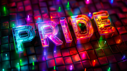 Glowing Rainbow Neon Pride Sign. Holographic Cyber 3D Text Effect, Retro Disco Lights. Equality, Diversity, Freedom, Fun, Joy. Electronic Dance Music. Club Party, Event, Parade. Banner, Cover, Header