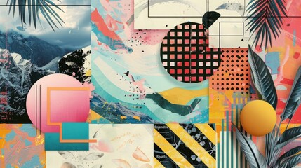 Abstract trendy vintage art collage with geometric shapes, paper cutouts, patches, paint strokes. Retro aesthetic fashionable style poster, banner
