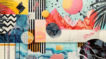 Abstract trendy vintage art collage with geometric shapes, paper cutouts, patches, paint strokes. Retro aesthetic fashionable style poster, banner