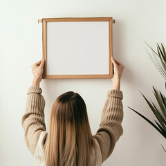 A girl hangs a white, empty frame on the wall
