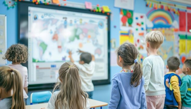 A group of students are looking at an interactive whiteboard in a classroom.