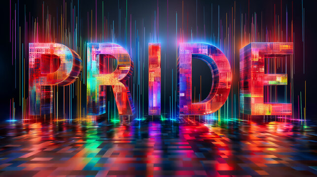 Glowing Neon Gay Pride Sign. Holographic Cyber 3D Text Effect, Rainbow Colors. Equality, Diversity, Freedom, Fun. Electronic Dance Music, Trance, Soul. Club Party, Event, Parade. Banner, Cover, Header - Powered by Adobe